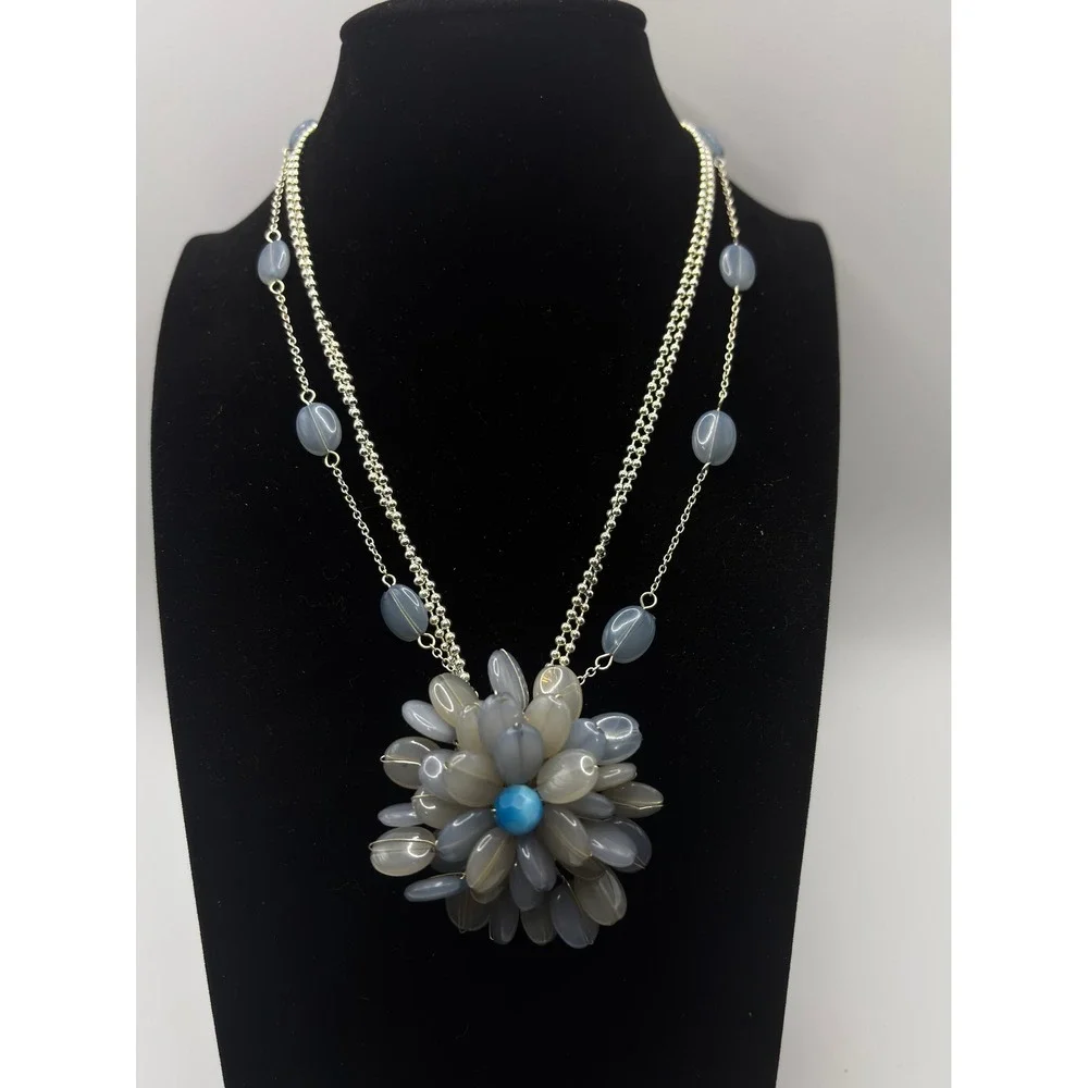 Villager Grey Blue Floral‎ Cluster Multi Strand Necklace Silver Tone 15 Inch